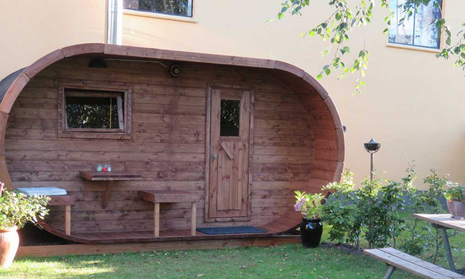 Sauna bois Oval avec terrasse et vestibule bois massif 42 mm