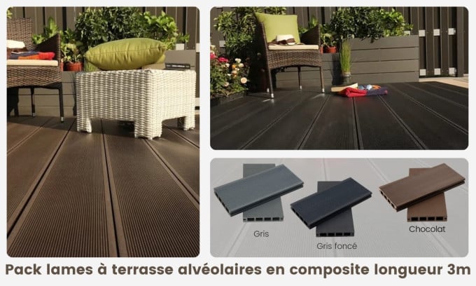 Pack 30m2 terrasse composite alvéolaire - longueur lames 3m