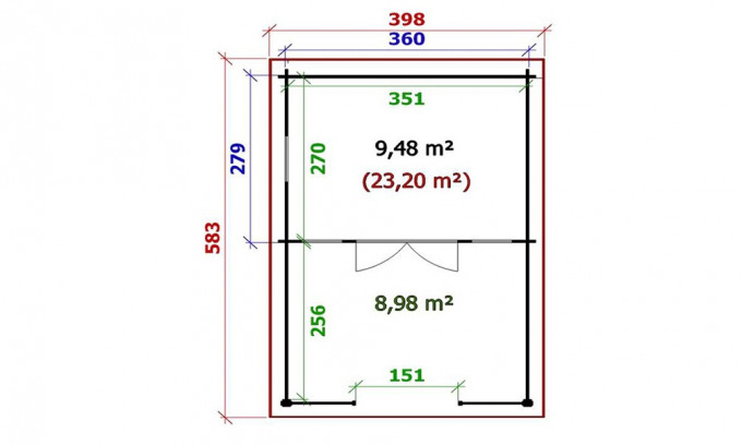 Plan chalets en bois BELFORT 44 mm - 9,5m² intérieur + 9m²