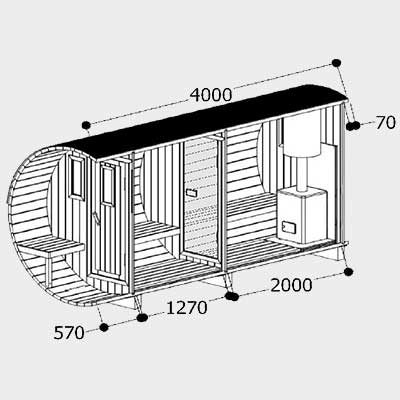 Tonneau Sauna 400, sauna barrique 4 x 2.05m avec vestiaire